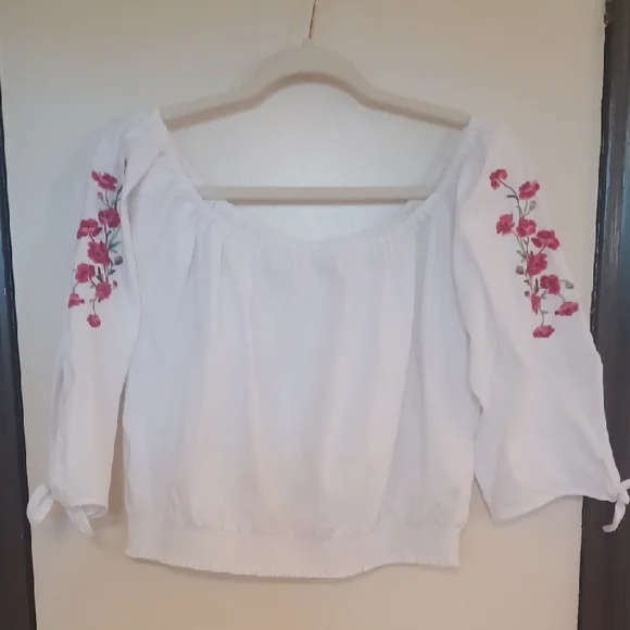 Hollister White Blouse with Pink Floral Embroidery - Picture 1 of 10